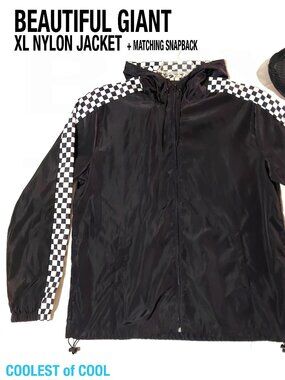 Beautiful Giant Men's Zip up jacket Hoodie Windbreaker Black checkered plus hat